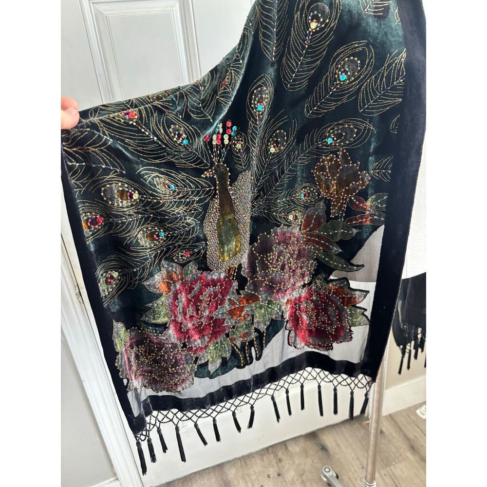 Velvet and silk STUNNING witchy piano shawl - peacock and floral beaded